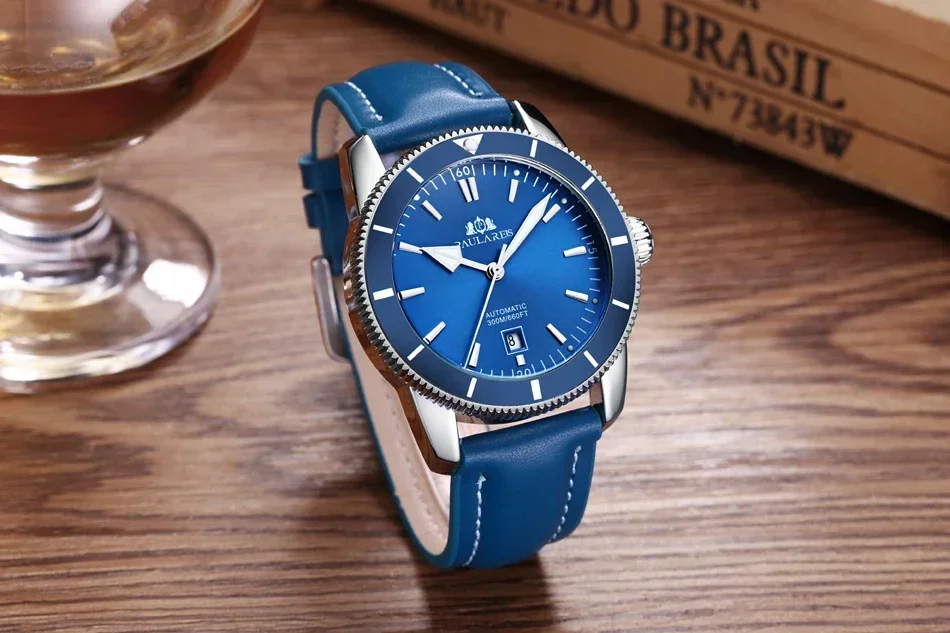 Automatic Mens Watch Self Wind Mechanical Net Stainless Steel Blue Leather Super Luxury Heritage Big Face 46mm Ocean Watches