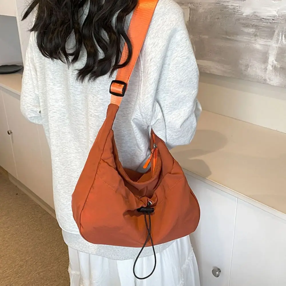 Solid Color Nylon Shoulder Bag Nylon Korean Style Drawstring Bucket Bag Tote Bag Adjustable Shoulder Straps Canvas Crossbody Bag