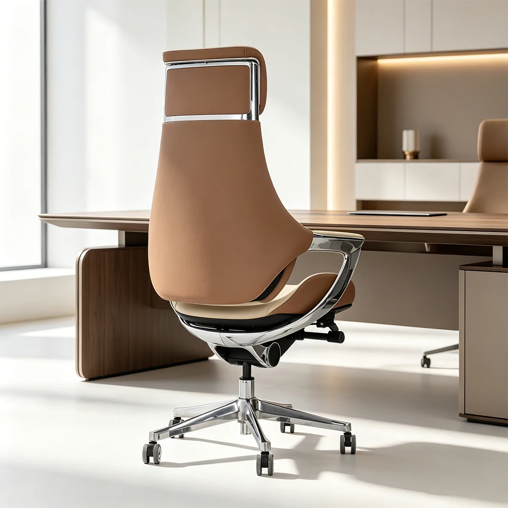 China Genuine Leather Office Chairs Rotation Steel Armrest Aluminium Base Ergonomic Executive Cahir