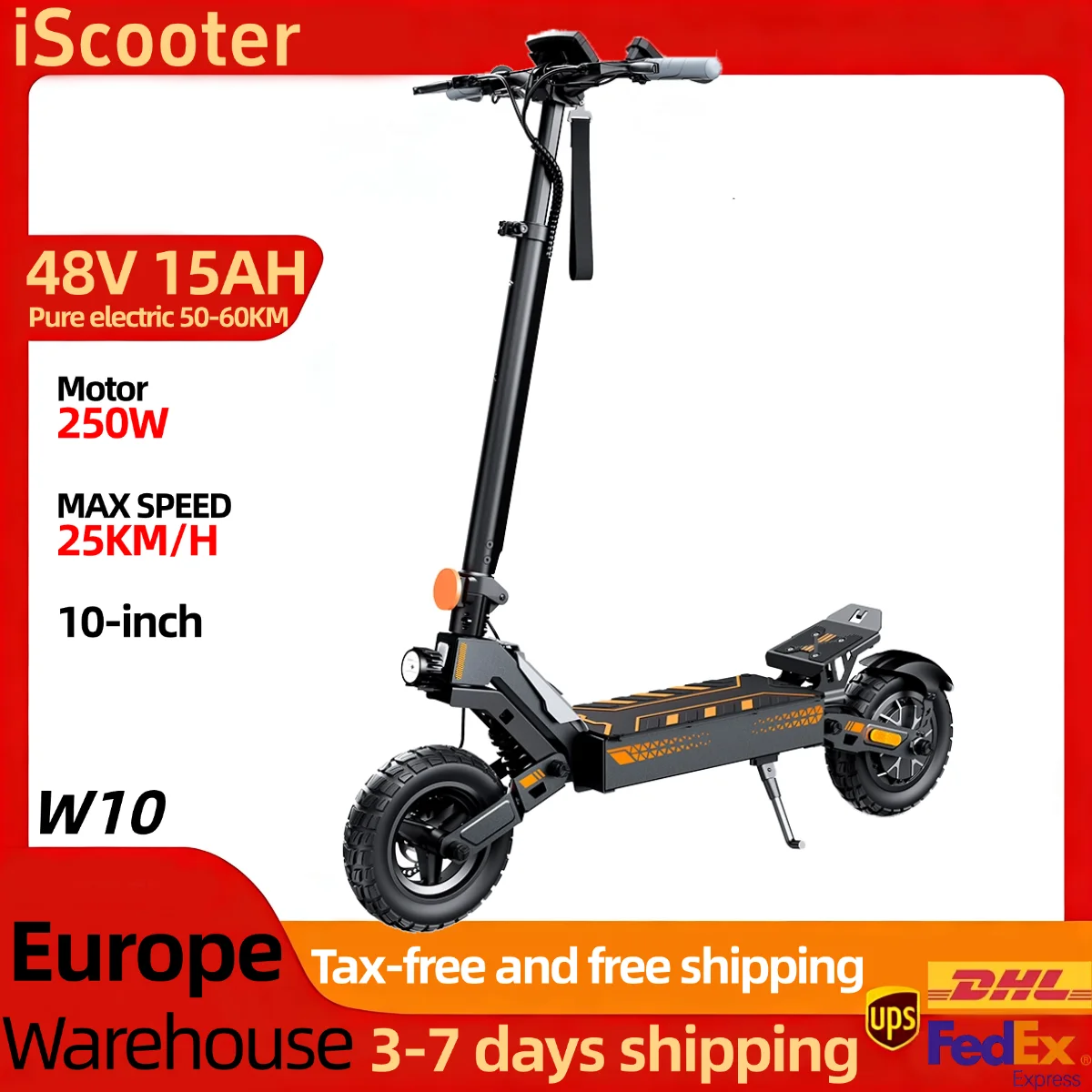 Trottinette électrique IScooter W10 48V 15AH pour adultes, moteur 250W, batterie lithium amovible, trottinette électrique portable, pneus de 10 pouces, autonomie électrique pure de 50-60 km, trottinette électrique pliable, frein à disque arrière, frein électronique dissimulé avec contrôle par application, pour les trajets quotidiens.