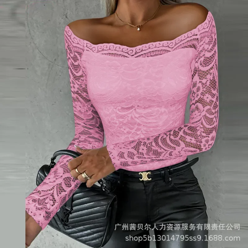 Top in pizzo a maniche lunghe con spalle scoperte Top in pizzo Sexy da donna maglietta con scollo a barchetta camicia bianca trasparente regolare