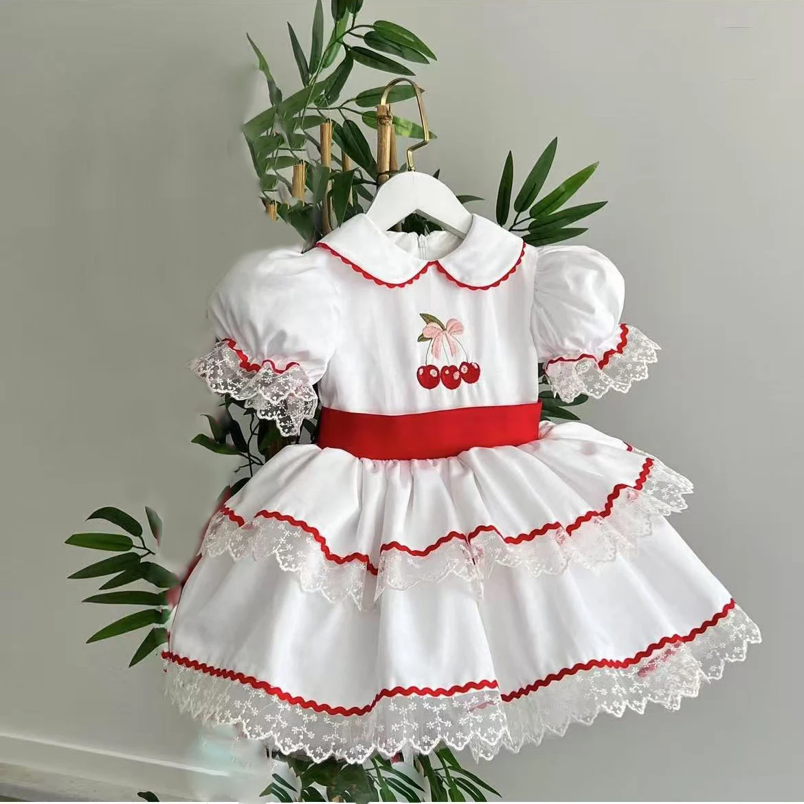 

0-12Y Baby Girl Summer White Cherry Embroidery Vintage Princess Ball Gown Dress for Party Eid Birthday Usual Photograph B366