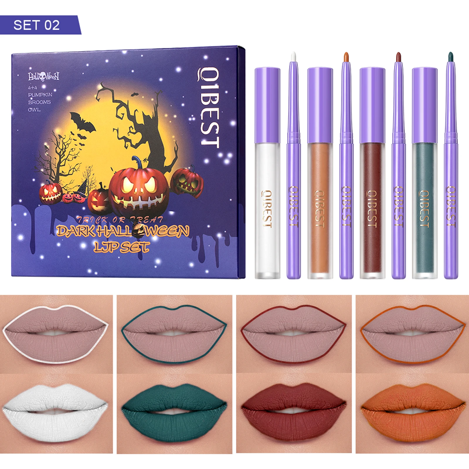 

4Pcs Lip Liner Pencil and 4Pcs Liquid Lipstick Makeup Set Nude Dark Red Matte Long Lasting Non-Stick Cup Lip Gloss Halloween Kit