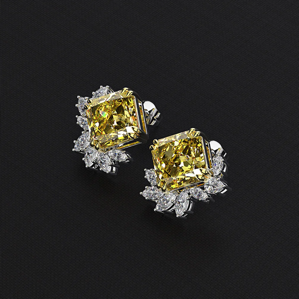 OEVAS 10x10mm 11 Carats Square Yellow 5A Zircon Flower Stud earrings for women S925 Sterling Silver Wedding party Bride jewelry