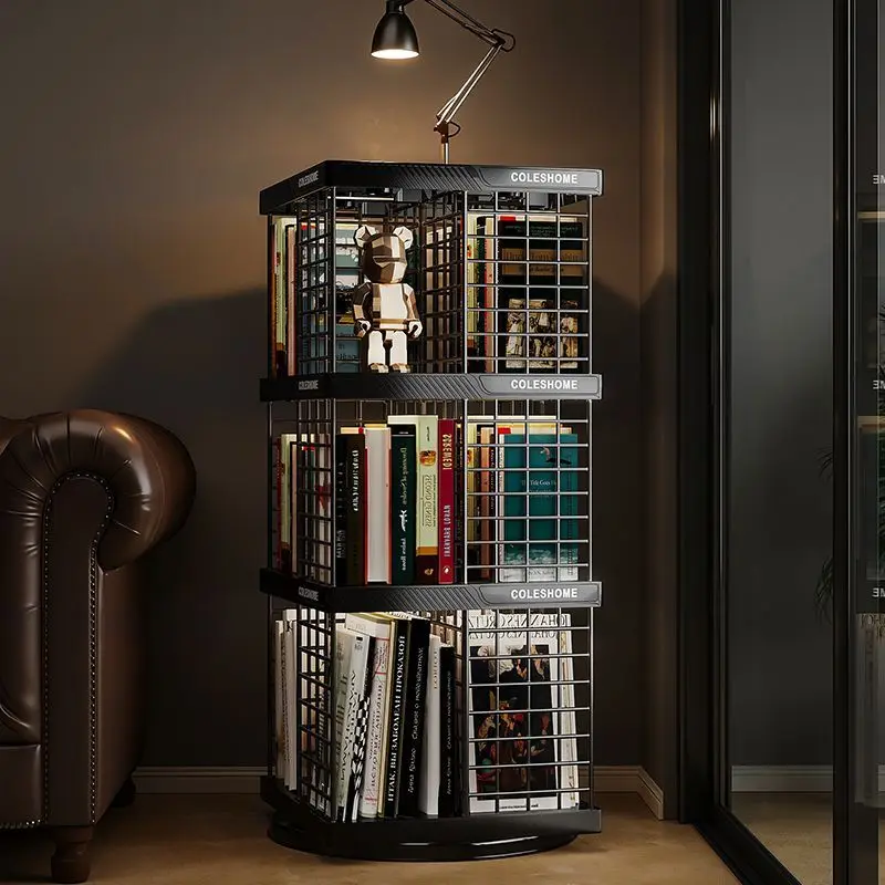 360° Rotating Bookshelf Metal Storage Rack for Living Room and Home Use Multi-Layer Storage Industrial Style Floor Standing