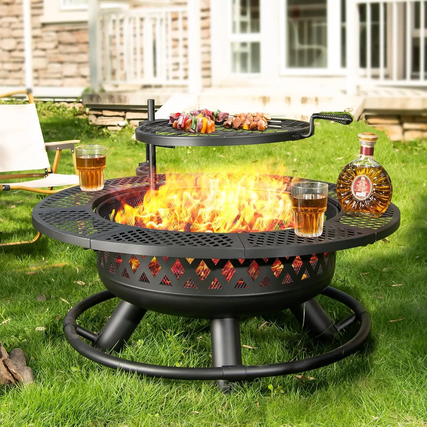 

36 Inch Fire Pit with Grill, Wood Burning Pits for Outside with Lid& Poker, Round Metal Pit Table 3 in 1 with Coo