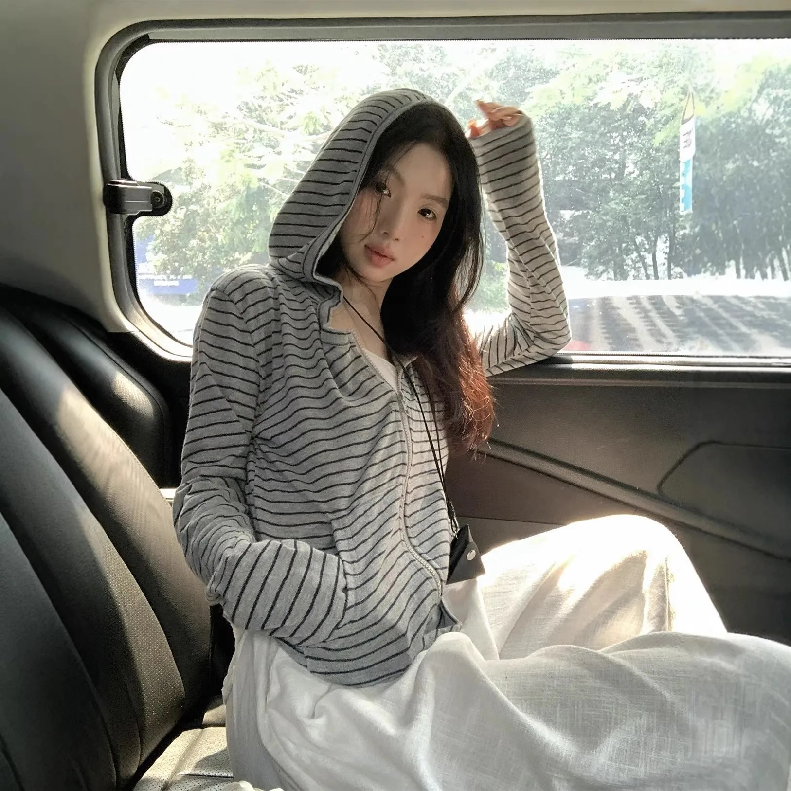 Laid-back Striped Zipper Long Sleeve Hooded Open Cardigan Women's Short Sun Protection Cover Shirt Top