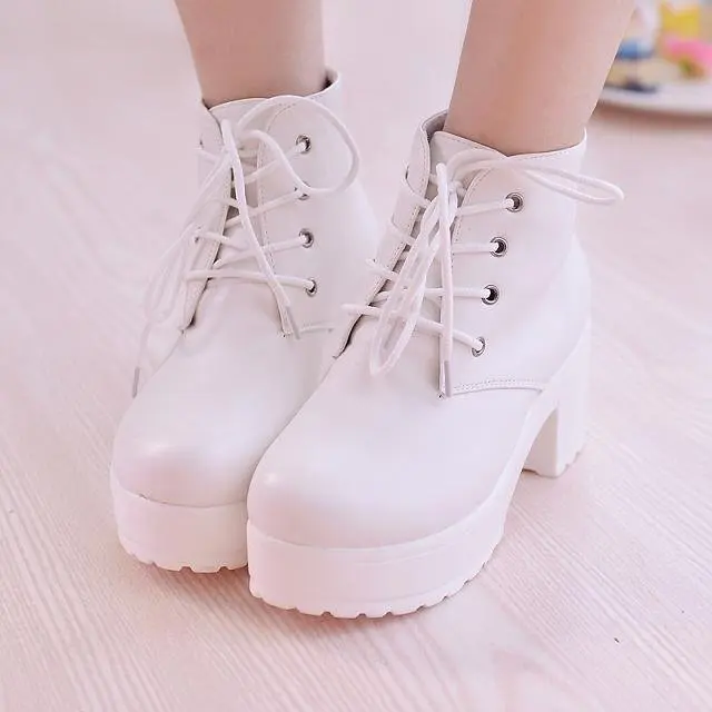 2019 Women\'s Single Boots New Horse Boots Square Heel Round Toe Spring High Heel Boots Lace-Up Plus Size 35-40