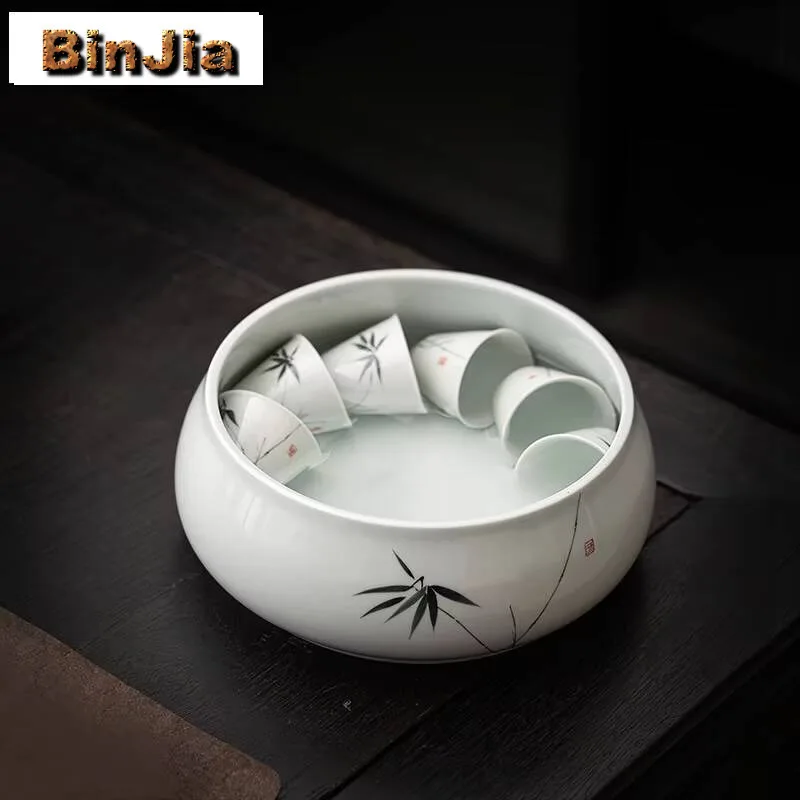 1500Ml Hand-Painted Lotus Porcelain Jianshui Handmade Tea Cup Wash Barrel Writing-Brush Washer Household Chaxi Supplies Craft