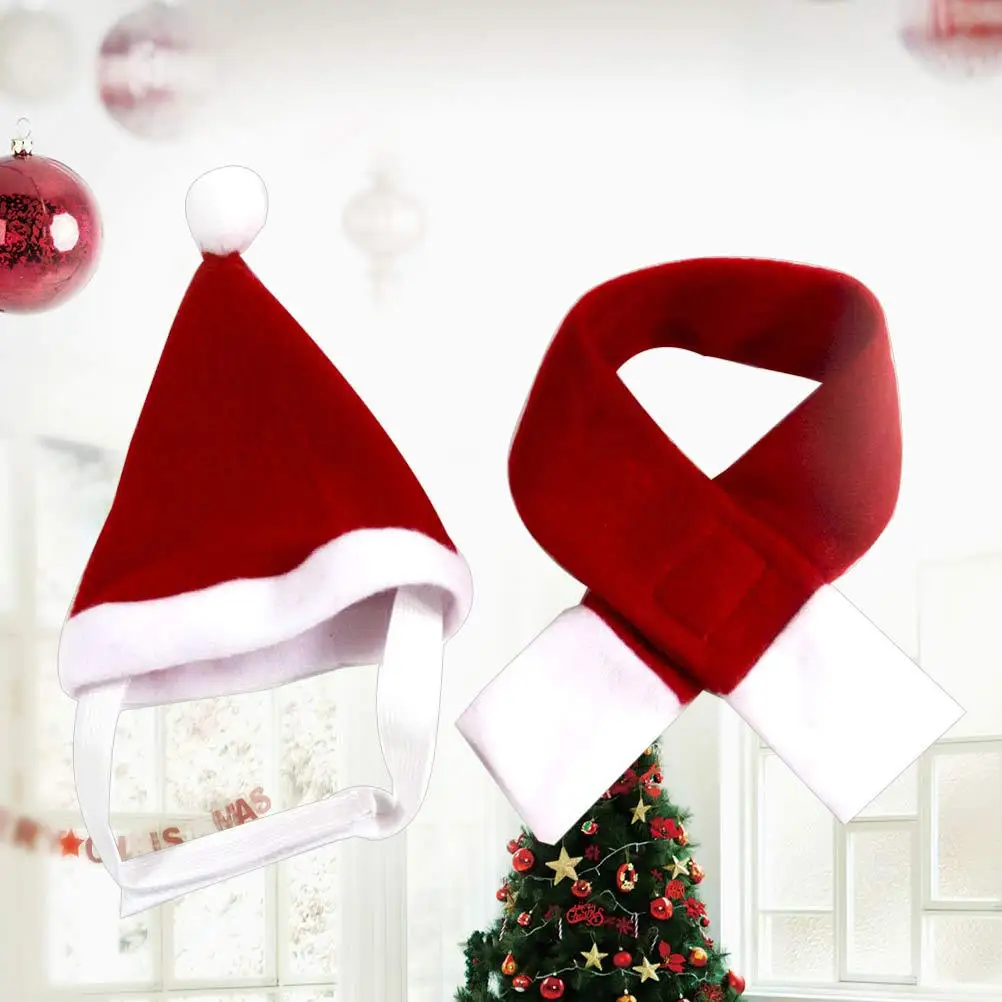 Pet Clothing Set Christmas Dog Cat Hat Scarf Winter Warm Outfit Holiday Costume For Small Dogs Cats Photography Accessory