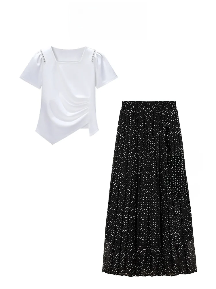 

Salt Series Anti-Aging Set Vintage Simple Umbrella Skirt Midi Dr Tiantian Dots Chiffon f-length Faionable Ensemble