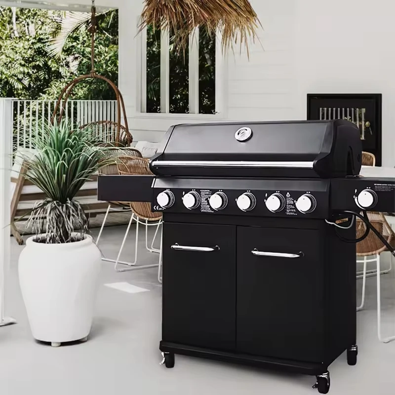 

Trolley BBQ Stove Outdoor BBQ Grill Commercial Gas Barbecue Restaurant Smokeless 6 burner BBQ Grills