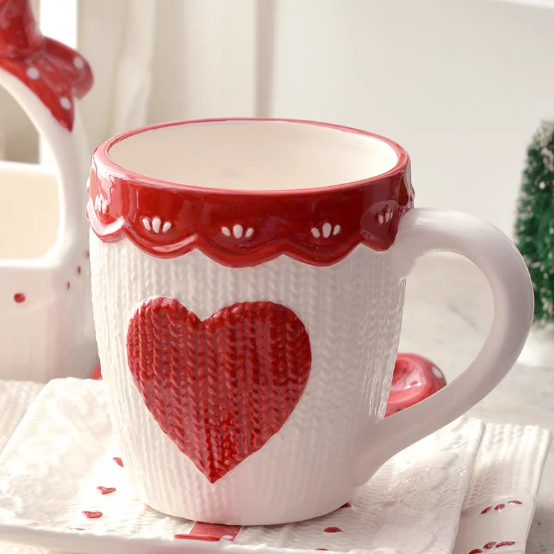 480ml Large Ceramic Coffee Mug Kawaii Bowknot Tea Cup Pink Wool Knitting Mug Dishwasher and Microwave Safe