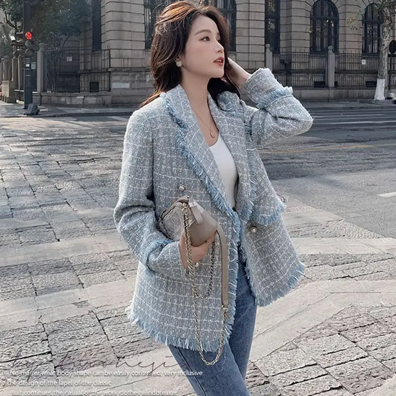 French Blue Lapel Small Fragrant Blazer Women's Autumn New Temperament Socialite Small Thousand Bird Suit Wool Coat Blue Pink