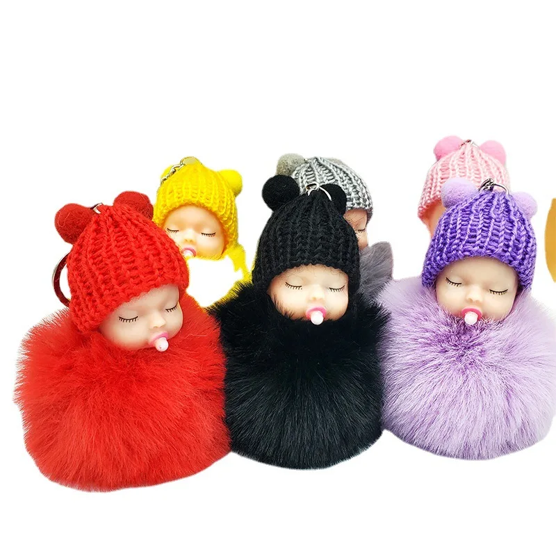 New Cute Doll Hair Ball Key Chain Pendant Double Hair Ball Hat Pacifier Doll Plush Doll Toy Keychain Ladies Bag Car Accessories