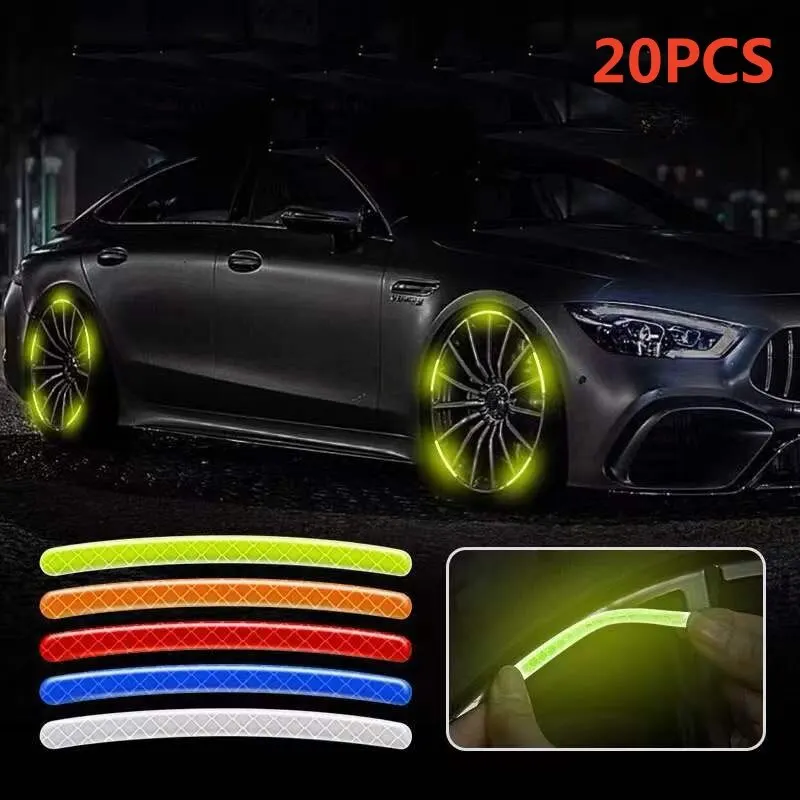 20pcs Car Tire Rim Reflective Sticker Night Safety Warning Strip Motorcycle Bike Auto Wheel Hub Reflector Stickers Decals