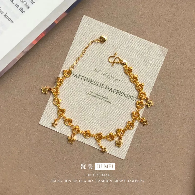 

Модный браслет Xiaohongshu 9999 в стиле легкой роскоши, винтажный, ретро, нишевый, в стиле дочери, с ловцом снов и звездами, из настоящего золота 24K.