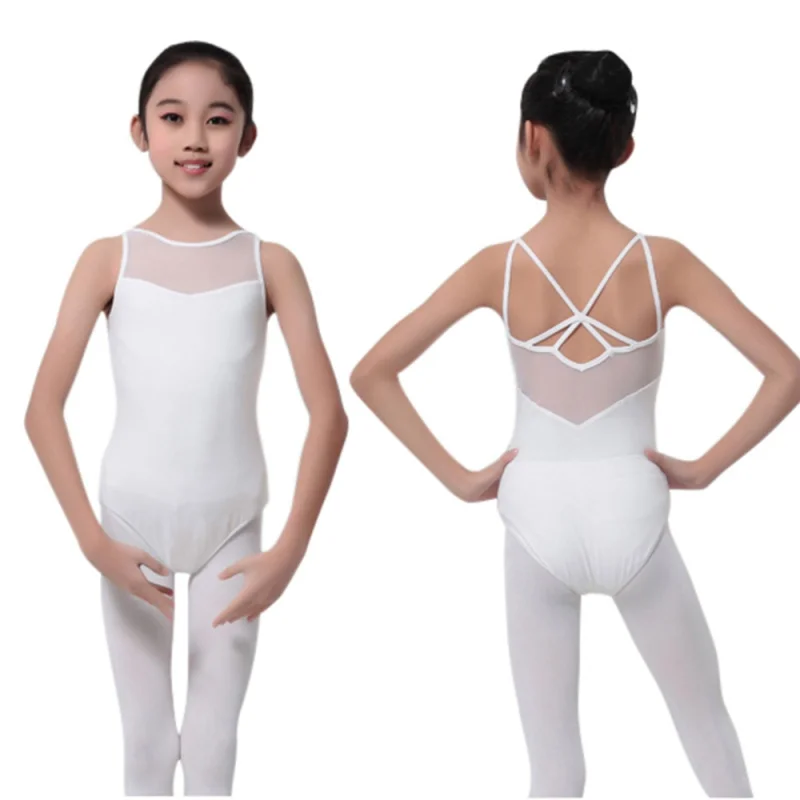 Child Black White Tank Dancewear Cotton Lycra Lace Leotard With Open Back Girls Ballet Dancewear Costume Bodysuit