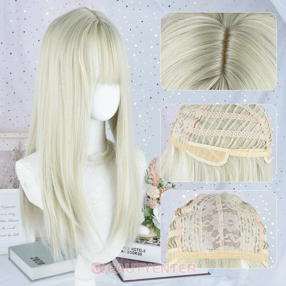ยาวตรงสีขาว Platinum วิกผมสังเคราะห์กับ Bangs สําหรับผู้หญิงสีขาวสีบลอนด์คอสเพลย์ Lolita วิกผมธรรมชาติผมทนความร้อนใช้