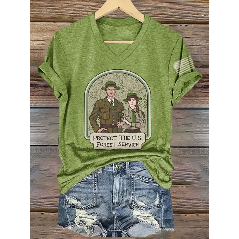 New Women's Protect The U.S. Forest Service Print T-Shirts Summer V Neck Tops Short Sleeve Casual Resist Tees