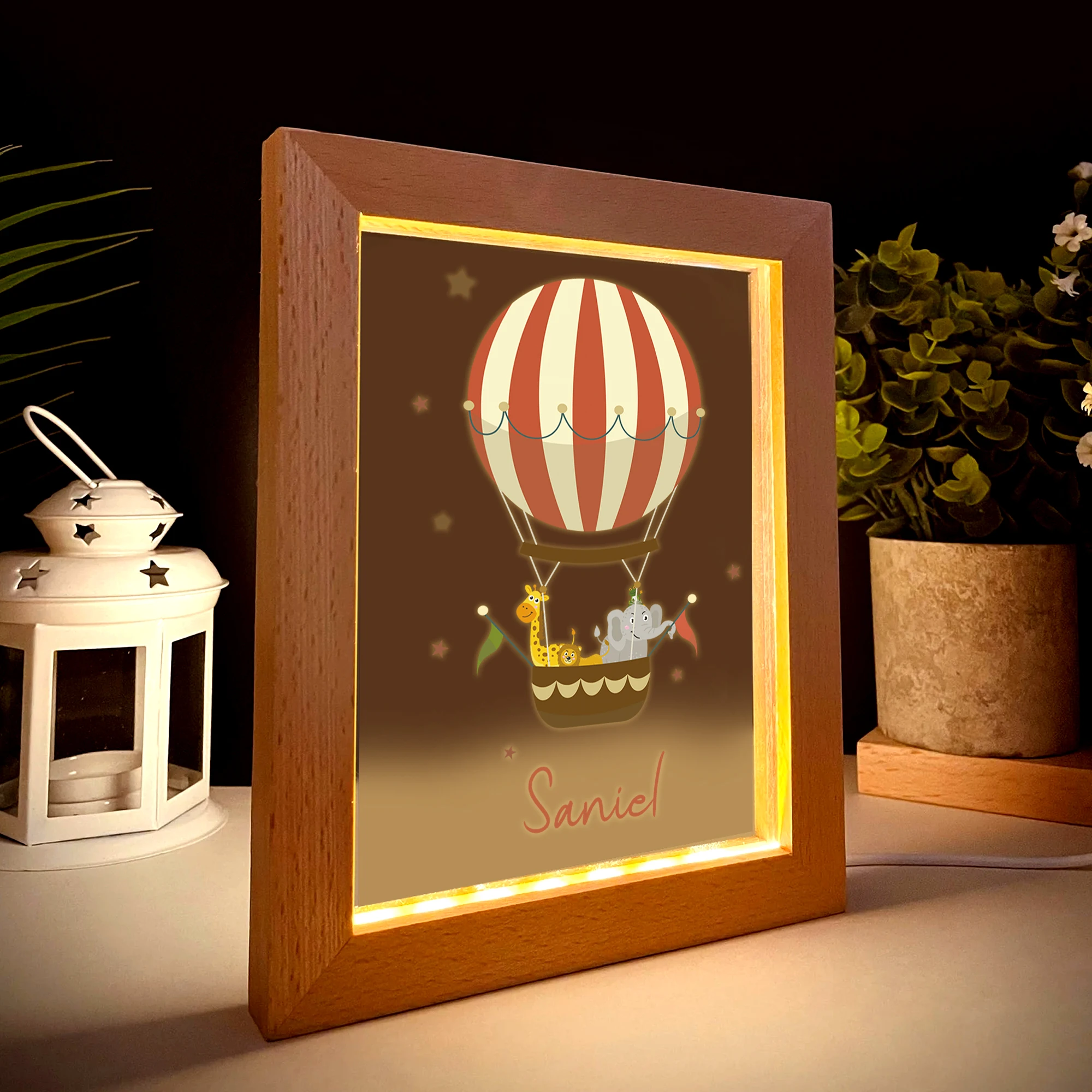 2D شقة مخصصة اسم منطاد الهواء الساخن LED الاكريليك ليلة ضوء الخشب إطار صور 21x17 سنتيمتر الكرتون غرفة نوم الأطفال هدايا ديكور المنزل