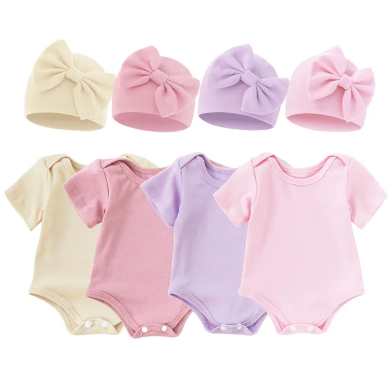 

2Pcs Summer Newborn Jumpsuit Hat Big Bow Cotton Baby Girl Romper Infant Outfit Suit Infant Clothes Set New Born Gift