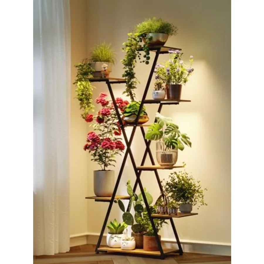 

Lighted Plant Stand with Grow Lights Tall Large Tiered Metal Corner Shelf Rack for Multiple Indoor Living Room Flower, Black, E