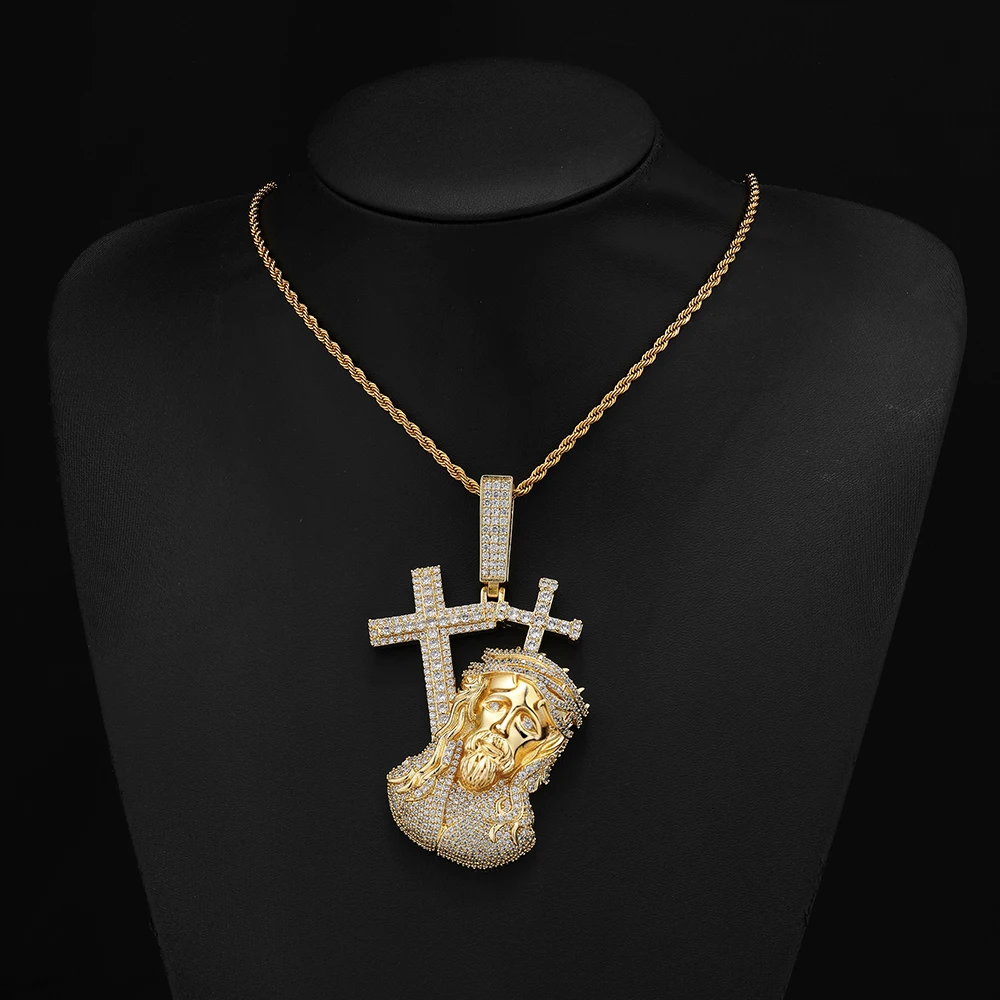 Nuoya New Jesus Pressure Cross Head Pendant Trendy Unisex Copper Electroplated Gold Vintage Micro-inlaid Zircon Necklace.