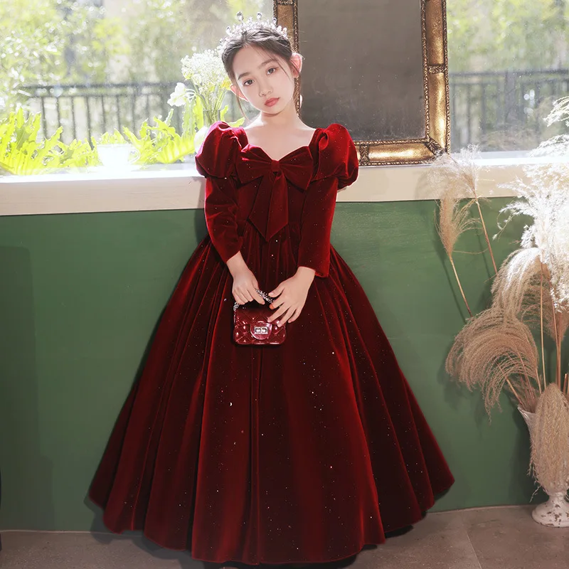 2024 Teenmiro Prom Dress for Girls Children Elegant Red Velvet Long Evening Dresses Kid Luxury Evening Ball Gown Teens Partywear