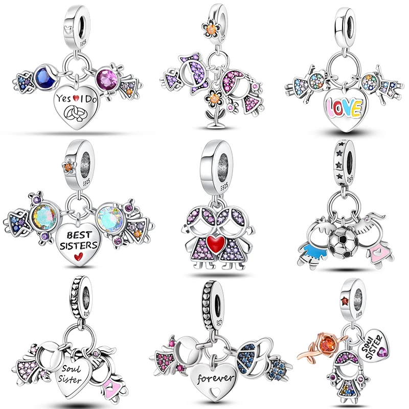 

new in Charm 925 Sterling Silver Pendant Beads Couple Besties Shiny Zircon For Pandora Original 925 Bracelet High Jewelry Gifts