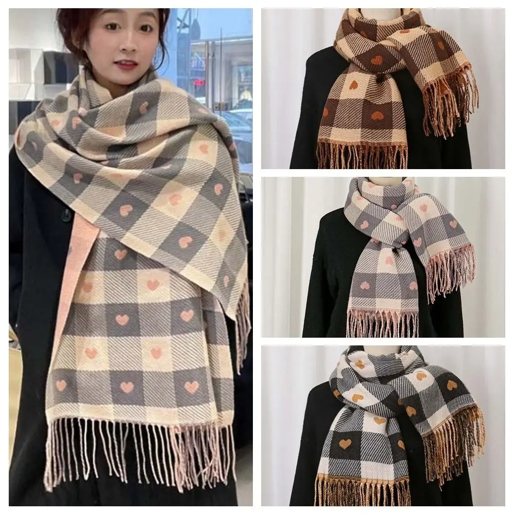 

Gifts Acrylic Fibers Plaid Knitted Scarf Warmer Soft Heart Thickened Scarf Long Classic Tassel Shawl Men