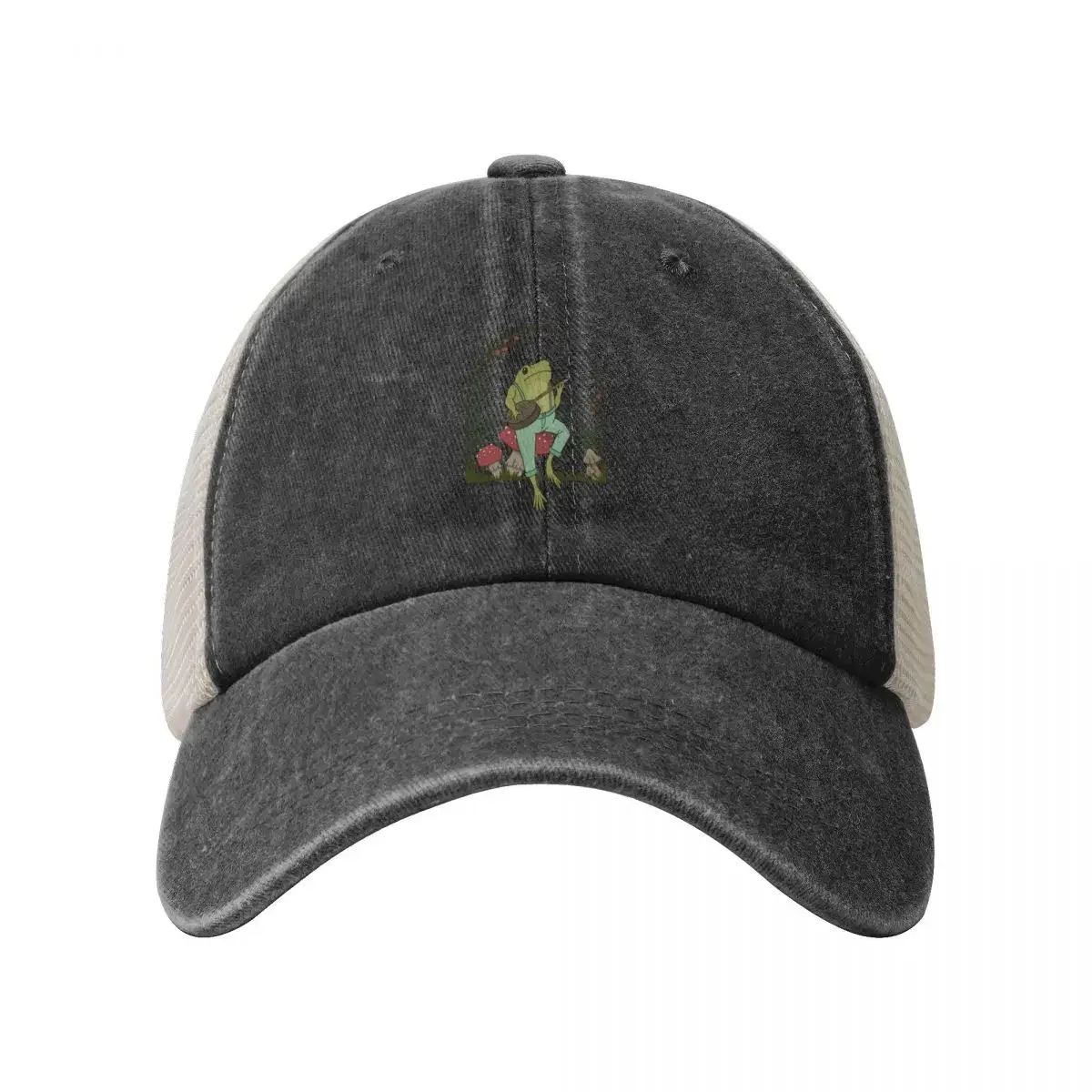 Cottagecore Aesthetic Frog Playing Banjo on Mushroom Cute Vintage - Goblincore Farmer Toad in Garden - Dark Academi Baseball Cap