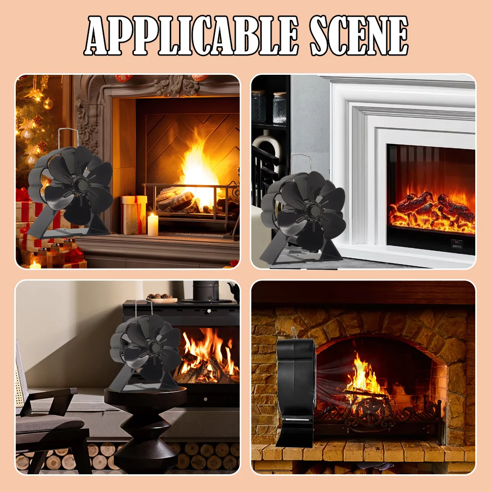 Heat Powered Stove Fan Eco Quiet Black 6 Blades Log Wood Burner Fireplace Fan Winter Warmer Home Efficient Heat Distribution