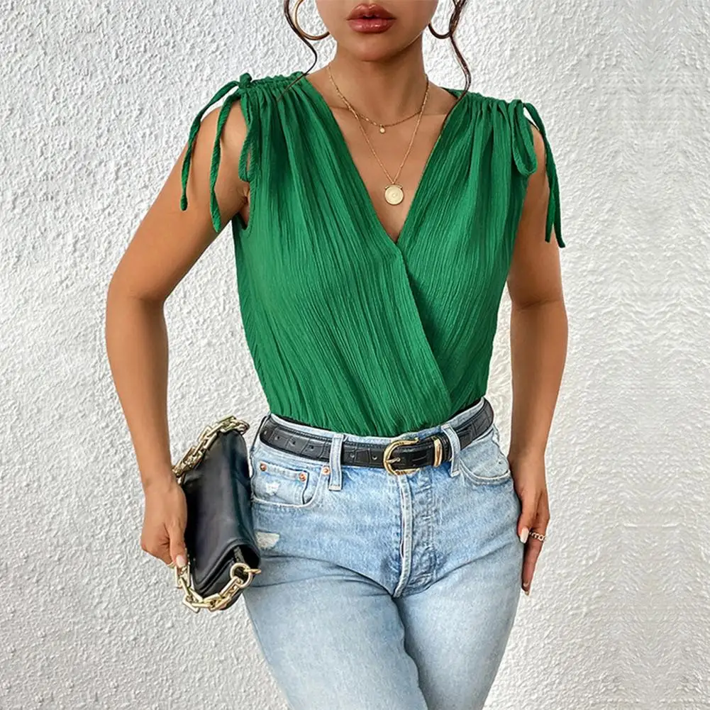

Women Lace-up Jumpsuit V-Neck Sleeveless Lace-up Romper Summer Jumpsuit top Patchwork Color High Waist Slim Fit Jumpsuit 80%