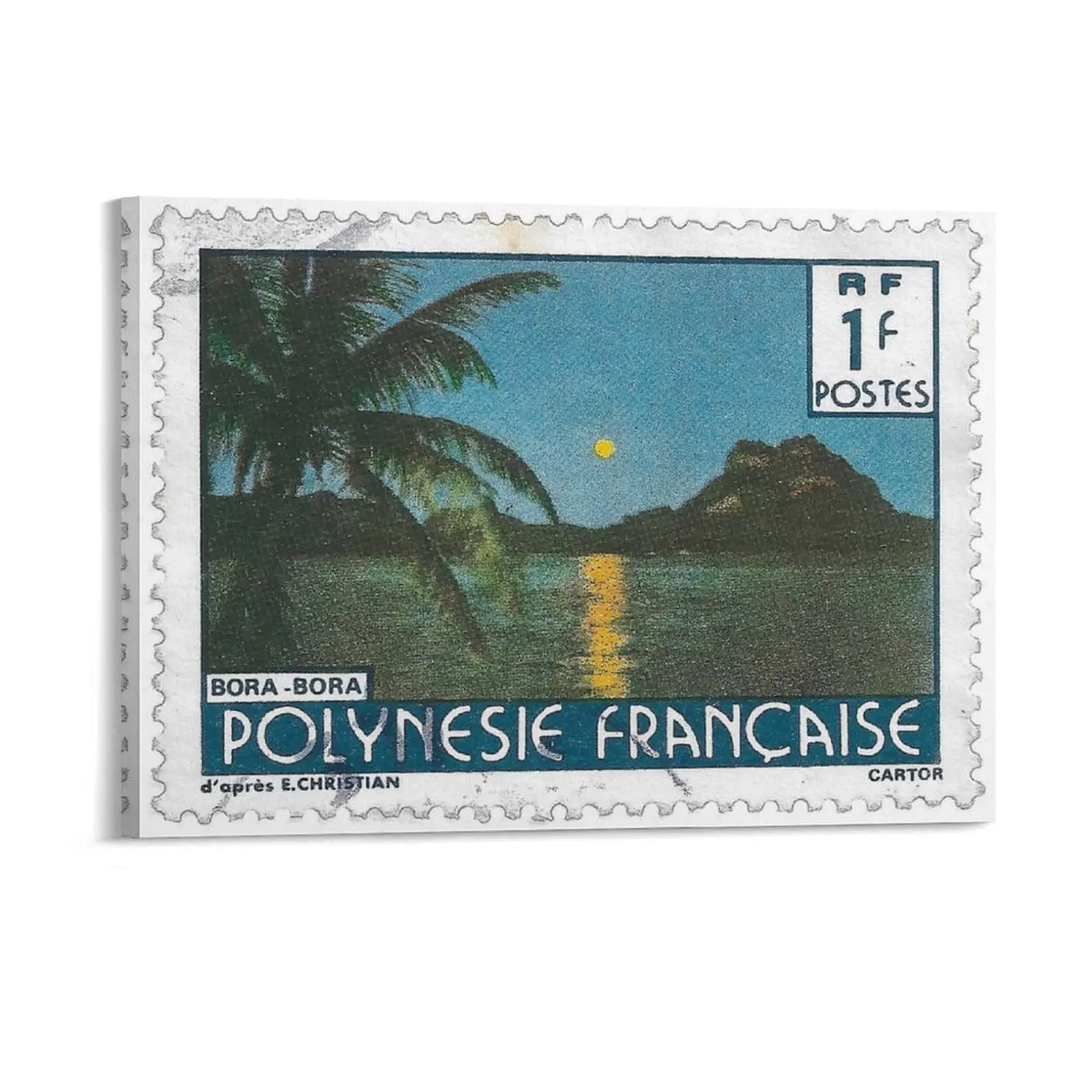 Full Moon Rising Over   Vintage French Polynesia Stamp Canvas Painting Garage Iron Club Home Framed Wall Paintings
