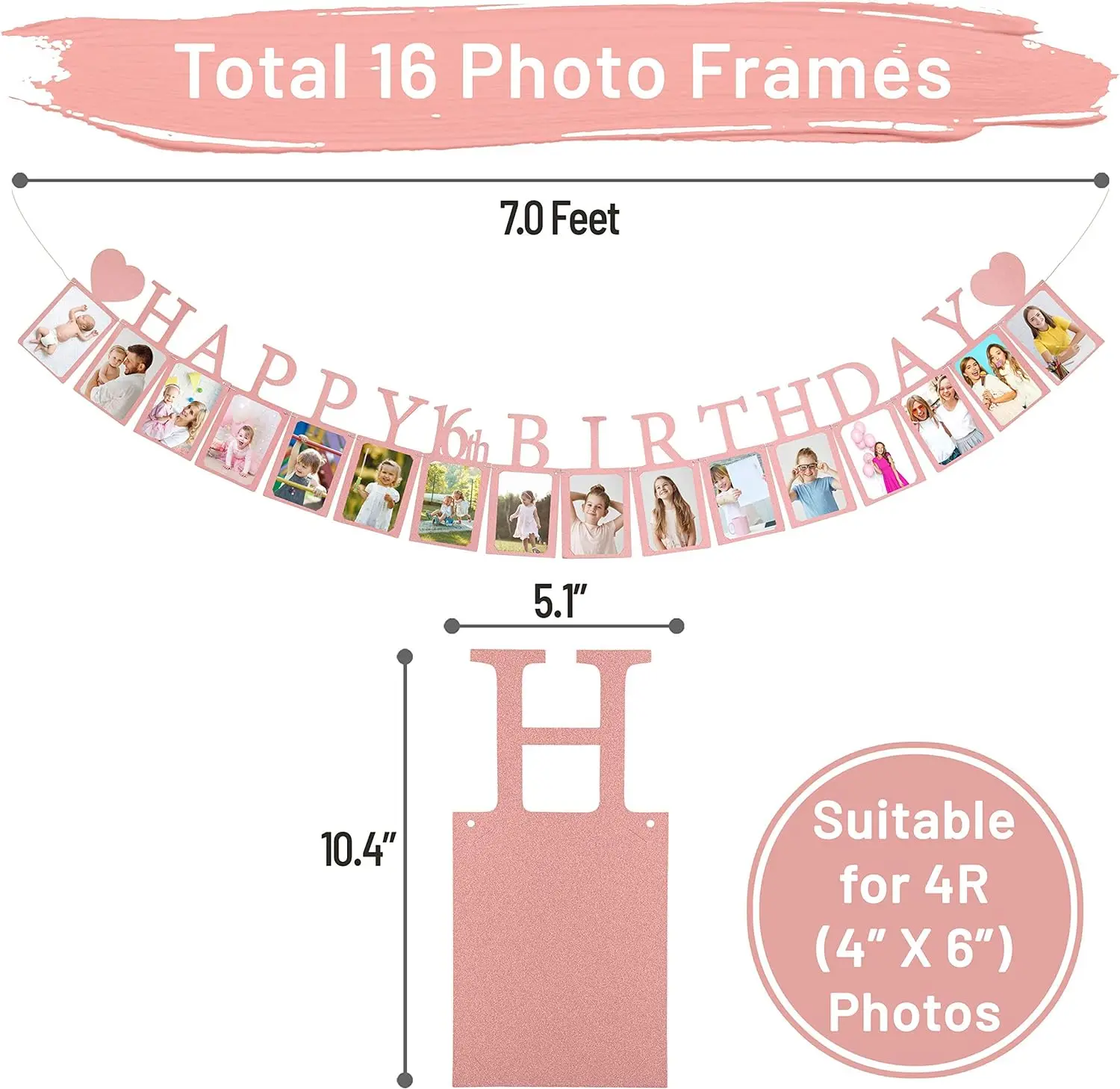 Sweet 16 Birthday Decorations Photo Banner in Rose Gold WITH Sixteen Photo Card Frames Happy 16th birthday decorations