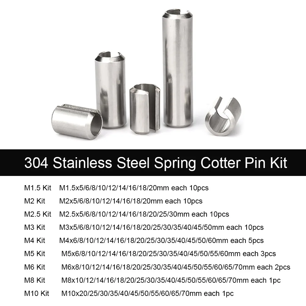 1 Set M1.5 M2 M2.5 M3 M4 M5 M6 M8 M10 GB879 304 Edelstahl Elastische Splinte Spannstifte Federstifte Sortiment-Kit