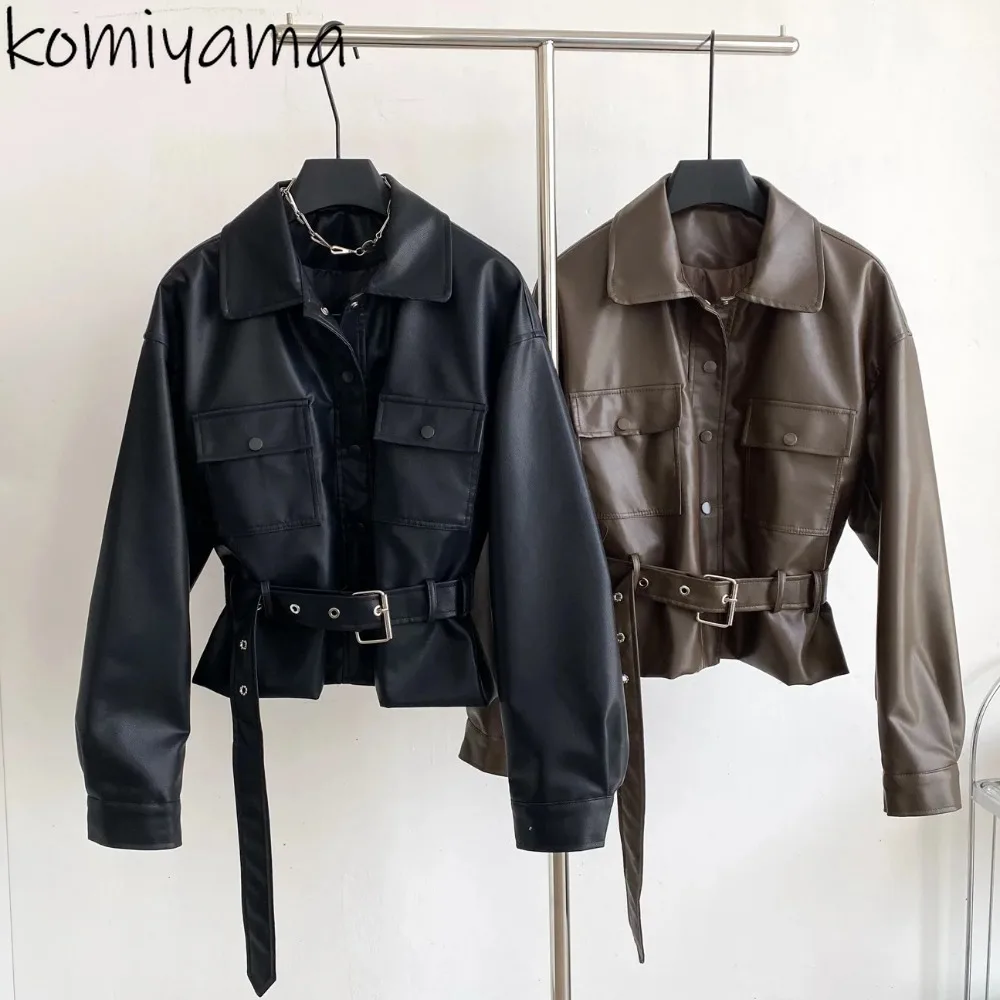 

Pu Leather 2025 Casaco Bandage Tunic Chaquetas De Mujer Lapel Neck Jacket Jaqueta Feminina Advanced Sense Woman Jackets