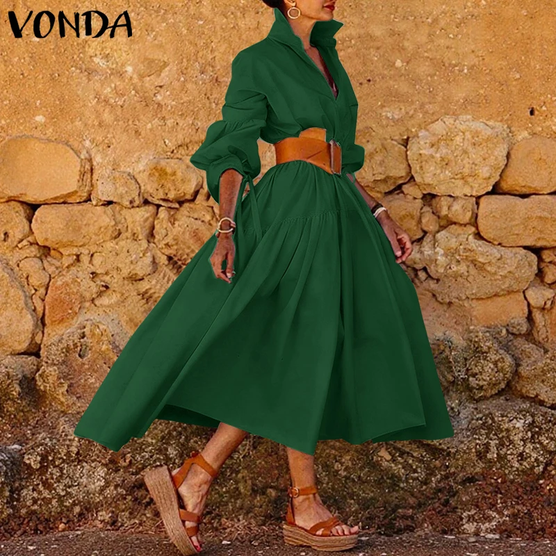 

Плюс размер 5XL VONDA модное длинное платье-рубашка женское с длинным рукавом-фонариком и пуговицами миди Vestidos уличная одежда однотонное плиссированное вечернее платье