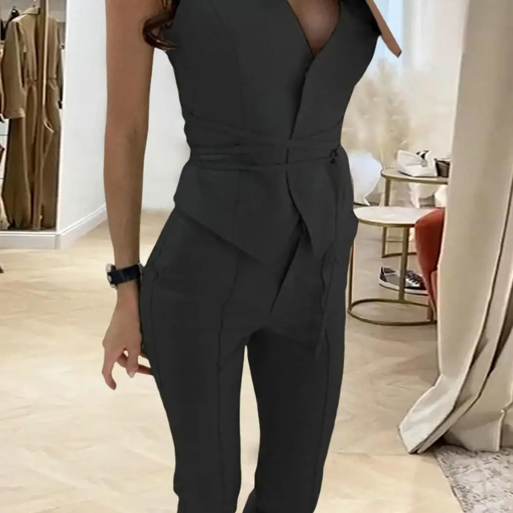 2 Pcs/Set Women Waistcoat Pants Set Tie Waist Office Lady Blazer Sleeveless Slim Fit Commute Female Summer Outfit Suit Clothes