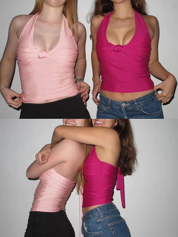 Macheda Casual Fashion Tank Tops Women Halter Ruched Low-Neck Backless Vest Vacation Hottie Trend Cross Knot Simple Streetwear