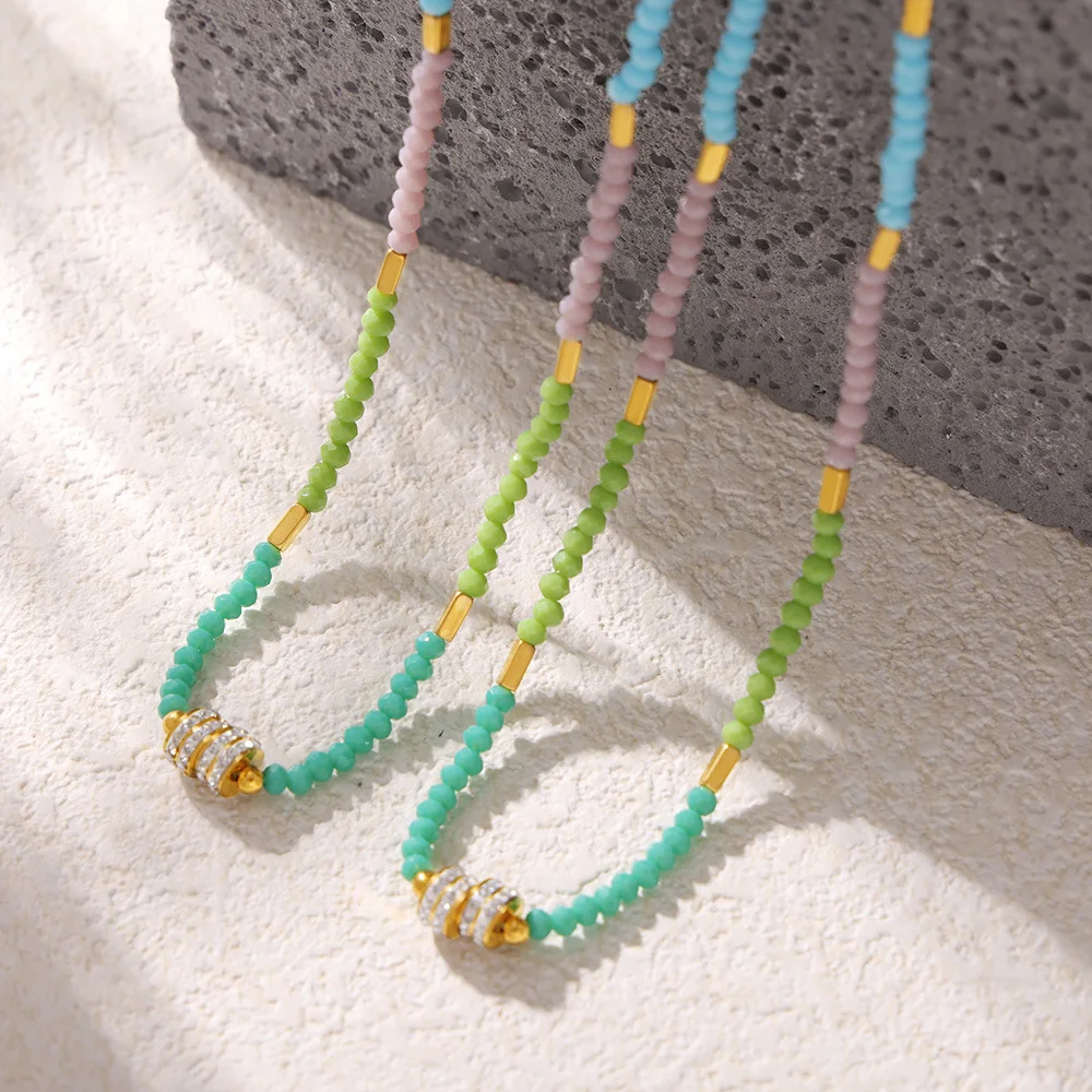 Colorful Natural Stone Beaded Necklace Women\'s 316 Stainless Steel Luxury Rhinestone Pendant Necklace Bohemian Jewelry Gift