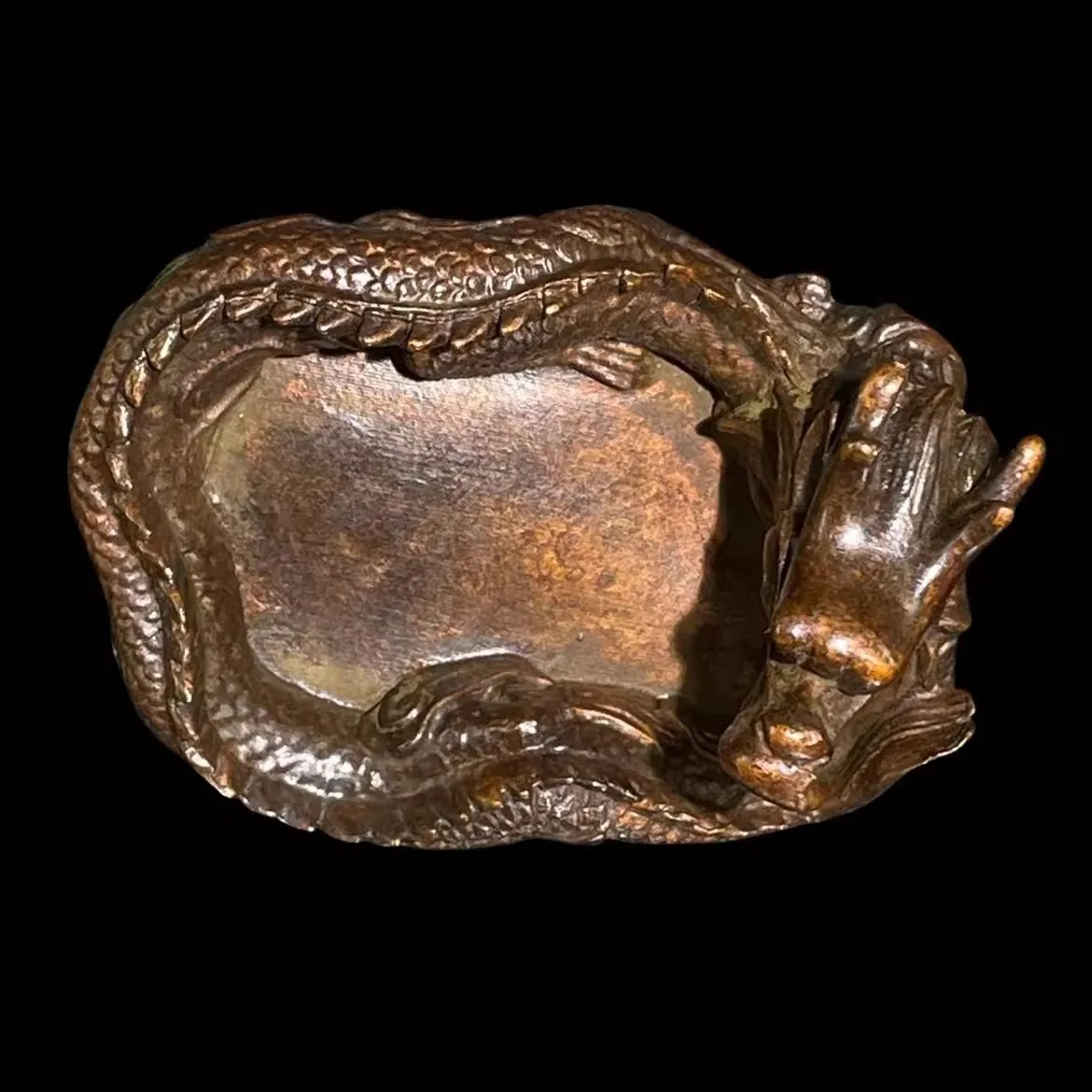 Chinese Rare Copper Hand Casting Dragon Figure Statue Inkstone Pot Ornaments