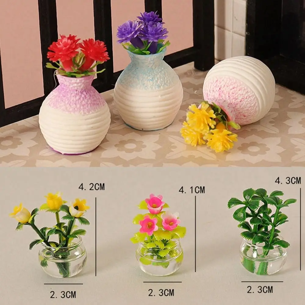 ドールハウス用ミニプラスチック花瓶,ミニチュアアクセサリー,緑のルオ植物,完成した花,屋外,ドールハウスモデル,1:12