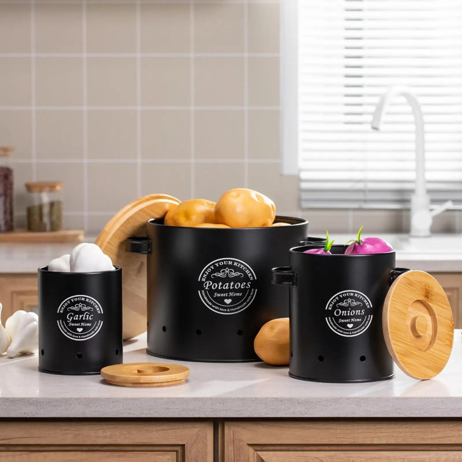 Vegetable Storage Canister with Bamboo Top And Handle for Kitchen