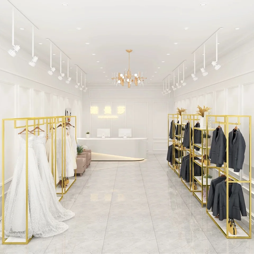Espositore per abbigliamento per negozio di indumenti per abiti da ballo di nozze in metallo dal design semplice all'ingrosso per il montaggio del negozio