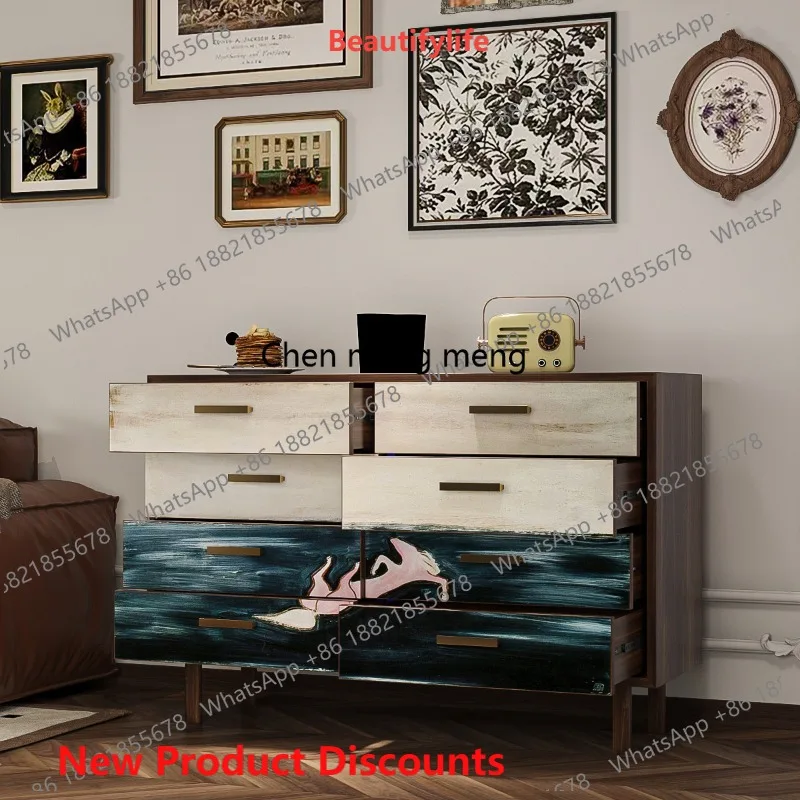 

03 Medieval simple dining side chest bedroom living room solid wood storage decorative cabinet bedside sofa side cabinet