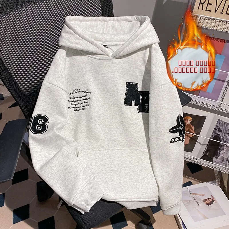 

Корейская толстовка оверсайз средней длины с вышивкой и флисовой подкладкой, теплая кофта для осени и зимы, модная новинка