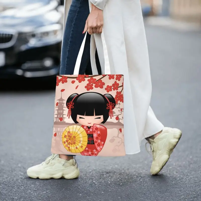 Custom Japanese Red Sakura Kokeshi Doll Grocery Shopping Bags Canvas Shopper Tote Shoulder Bag Girly Cherry Blossom Handbag