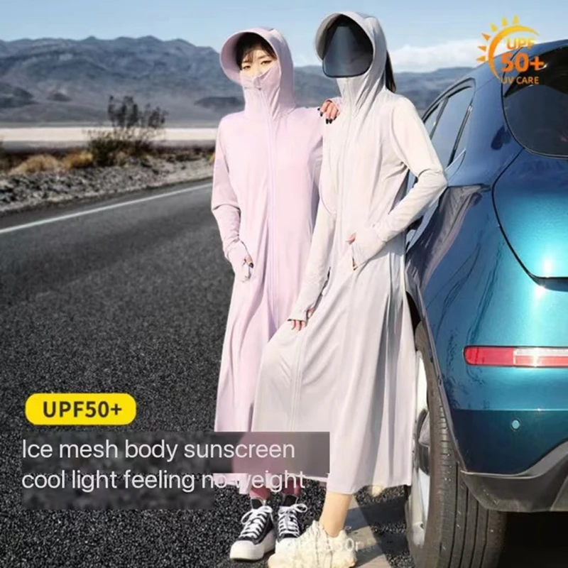 Sunscreen Jacket Sun Protection Clothing Women Ice Mesh UPF50+ Long Coat with Lens and Sun Hat for Walk Driving Summer Travel